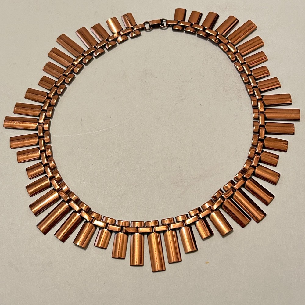 Vtg Renoir Copper Brutalist Fringe Collar Necklace Mid Century Modern MCM 15.5″