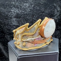 Vintage Brutalist Cuff Bracelet Mixed Metals Polished Stone 6.5”