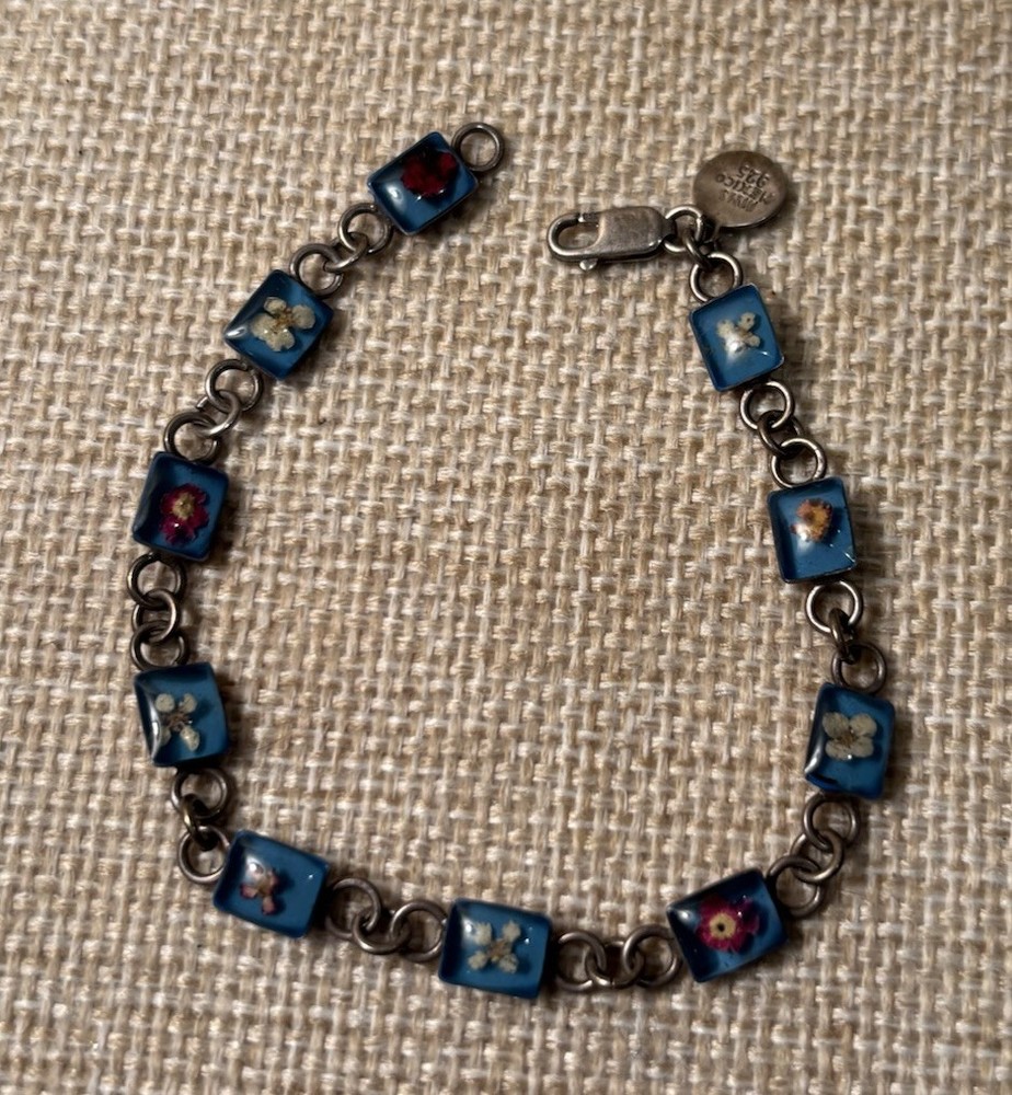 Unusual Sterling Bracelet With Glass Flower Inserts 925 Mexico Maker MWS