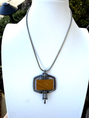 Vintage Mid Century Modern Silver Plate & Wood Gold Crown Inc Pendant Necklace