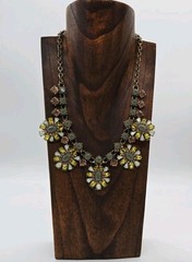 Green Flower Crystal Rhinestone Necklace Gold tone Couture 21 in