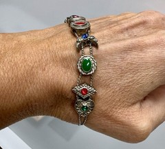 VTG Victorian Revival Slider Charm Bracelet Silvertone Rhinestones Enamel 7 1/4″