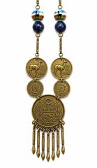 Vntg 1968 Peruvian Coin Bib Necklace Lapis Lazuli Ceramic Llama Boho Brass Peru