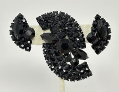 Vintage Estate Jet Black Rhinestone Japanned Pin Earring Jewelry Set