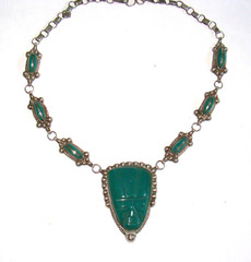 Vintage Mexico Sterling Silver Green Onyx Aztec Warrior Face 17″ Necklace 51.8g