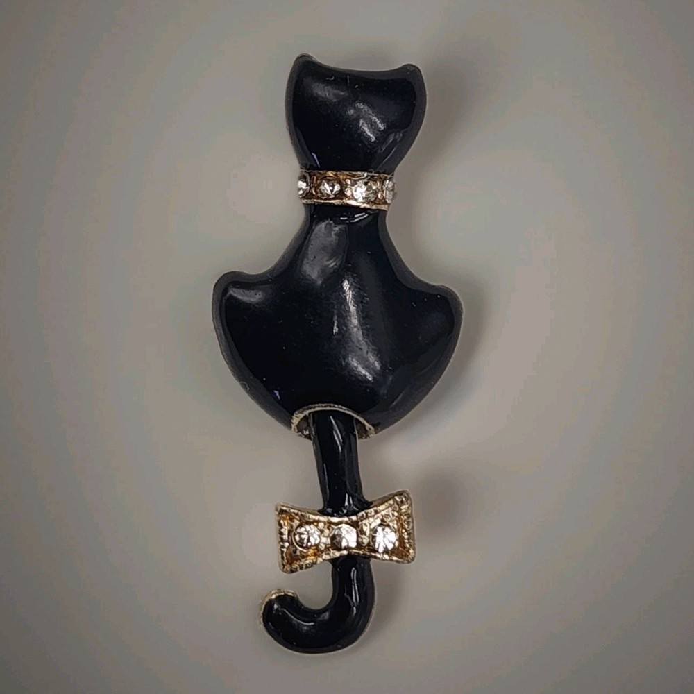 Vtg Black Cat Scatter Pin Tail Moves Brooch Gold Tone Rhinestone Bow Collar KC