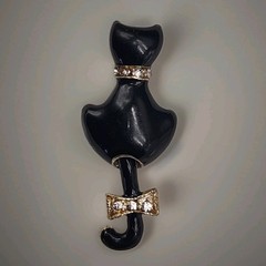 Vtg Black Cat Scatter Pin Tail Moves Brooch Gold Tone Rhinestone Bow Collar KC
