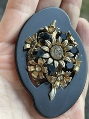 Vintage Bakelite Brooch Irregular Shape Rhinestones Gold Tone Czech Large