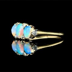 Victorian Cabochon Opal Old Mine Cut Diamond Band 14K Yellow Gold