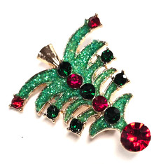 Estate Gold Tone Rhinestone & Green Glitter Christmas Tree Pin / Brooch