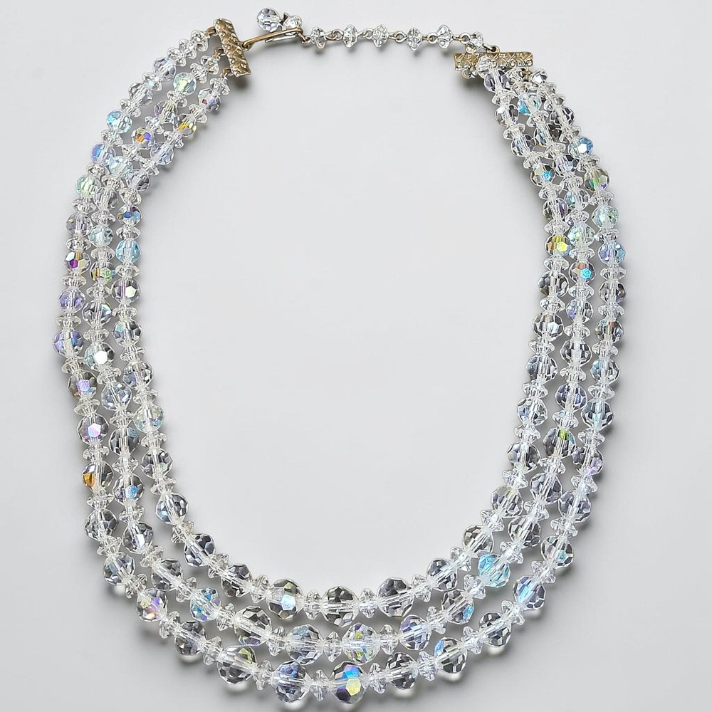 Vintage Aurora Borealis Crystal Necklace 3 Strand Clear Glass Choker Collar AB