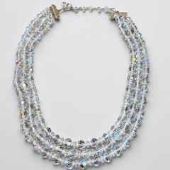 Vintage Aurora Borealis Crystal Necklace 3 Strand Clear Glass Choker Collar AB