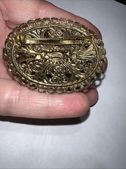 Vintage West Germany Filigree Gold Tone Pearl & Black Rhinestone Brooch Pin