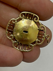 Antique Vintage Asian Style 14k Yellow Gold Pendant With Garved Jade Gemstone