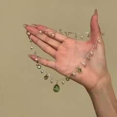 Vintage green tassel teardrop pendant necklace