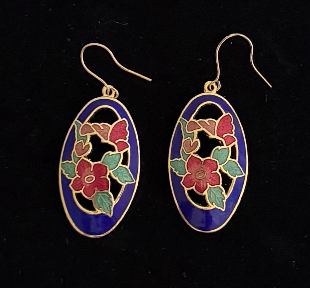 Vintage Floral Cloisonné Wire Dangle Earrings. Gold Tone. Very Good Condition
