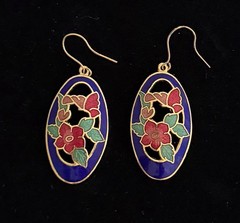 Vintage Floral Cloisonné Wire Dangle Earrings. Gold Tone. Very Good Condition