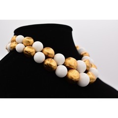 Vintage Collar Choker Necklace Brushed Gold White Beaded Thick Chunky 1980s BinR