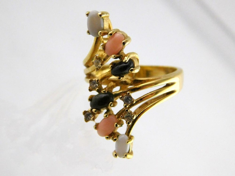 18k HGE Green Pink White Gem Cocktail Ring Gold Electroplate Size 6.75