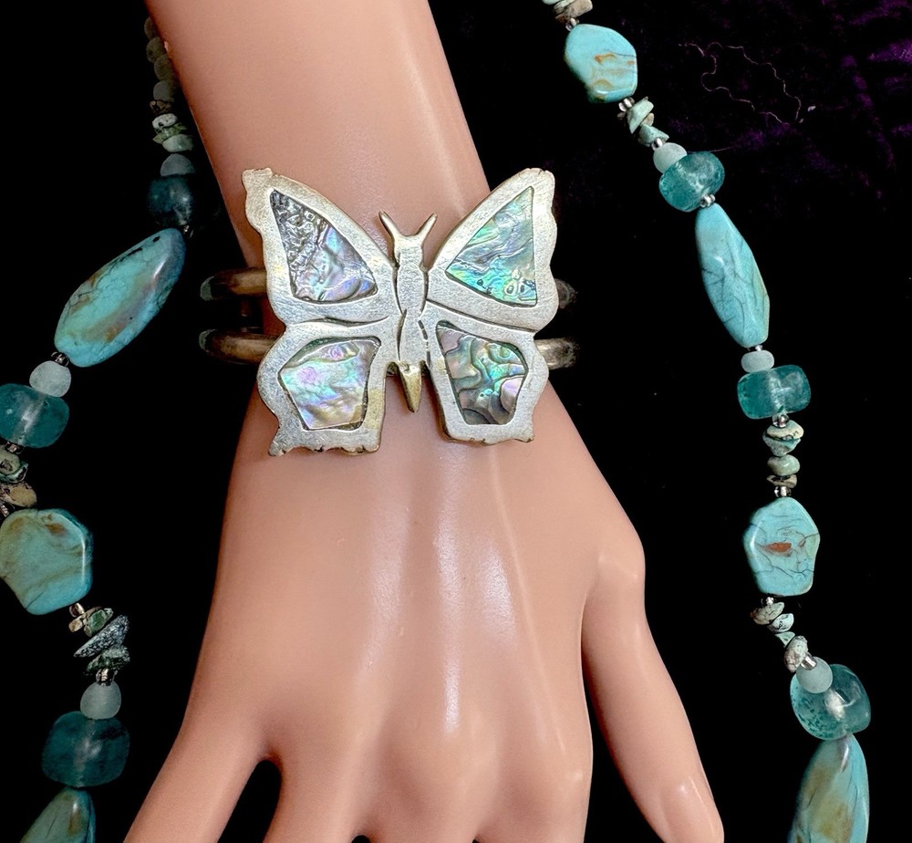 Vintage Butterfly Bracelet W/ Abalone Shell & Turquoise & Lucite Necklace