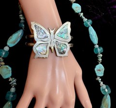 Vintage Butterfly Bracelet W/ Abalone Shell & Turquoise & Lucite Necklace