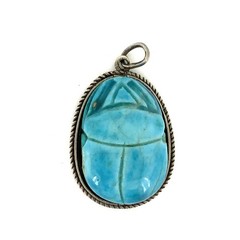 Egyptian Revival Scarab Beetle Vintage Turquoise, Sterling Silver Charm Pendant