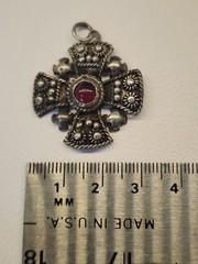 995 Silver Jerusalem Crusader Maltese Cross Pendant Ruby Red Cabochon Religious