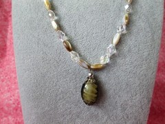 Glass Shell & Acrylic Bead Pendant Necklace 23″ / Neutral Tones & Clear / F
