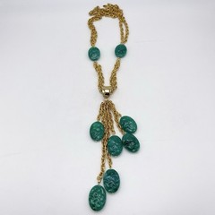 Vintage Celebrity NY Necklace Jade Green Color Lucite Gold Tone Textured Links