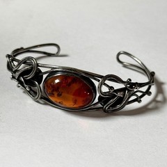 Vintage Sterling Silver Honey Amber Cuff Bracelet Art Nouveau Filigree Cognac