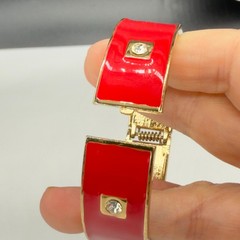 Vintage Clamper Bracelet Red Enamel Inset Rhinestones Gold Tone signed