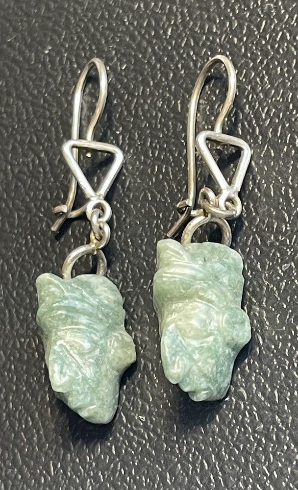 Vintage Mayan Aztec Mask Head Dangle Earrings Green Face Jade (?) Stone Silver