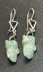 Vintage Mayan Aztec Mask Head Dangle Earrings Green Face Jade (?) Stone Silver