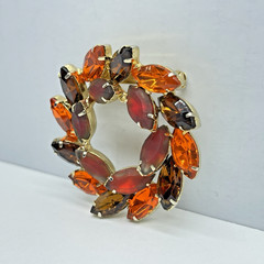 Rhinestone Wreath Brooch Marquise Frosted Red Amber Orange Gold‑Tone Mid‑Century