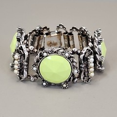 Vintage Bracelet Lime Green Round Bead Faux Pearl Silver Tone Book Chain 6″