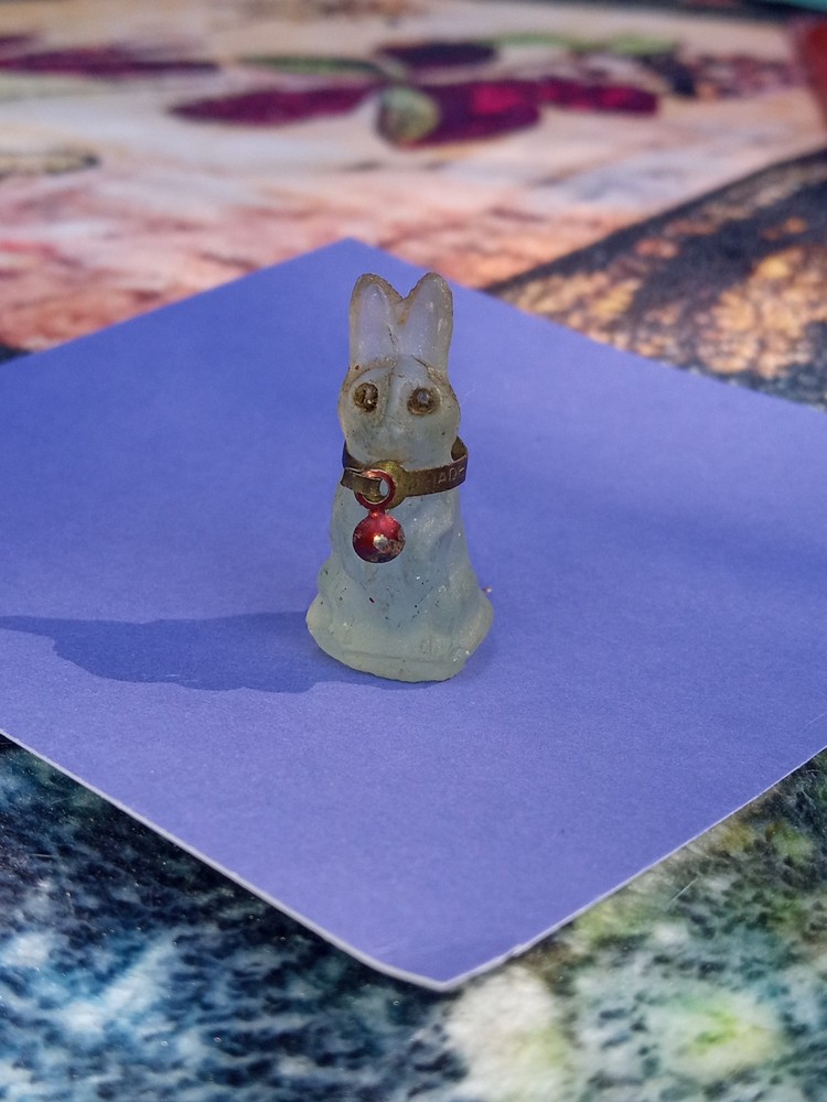 Antique, Vintage Czech Light Blue Rabbit Cracker Jack Glass Charm, Prize, 1″