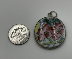 Vintage Hand Painted Ceramic Shard Floral Pendant Pottery Round Silver Tone