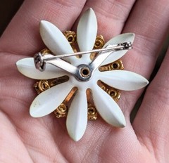 Vtg Chartreuse Lime Green Yellow Enamel Rhinestone Flower Brooch Pin Gold Tone