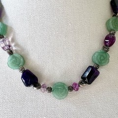 Vintage Carved Jade Rose And Amethyst Quartz Necklace Balance Wellness Luck