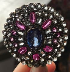 Vintage HOBE Filigree Clip Brooch Ruby Red Aqua & Clear Glass Stones