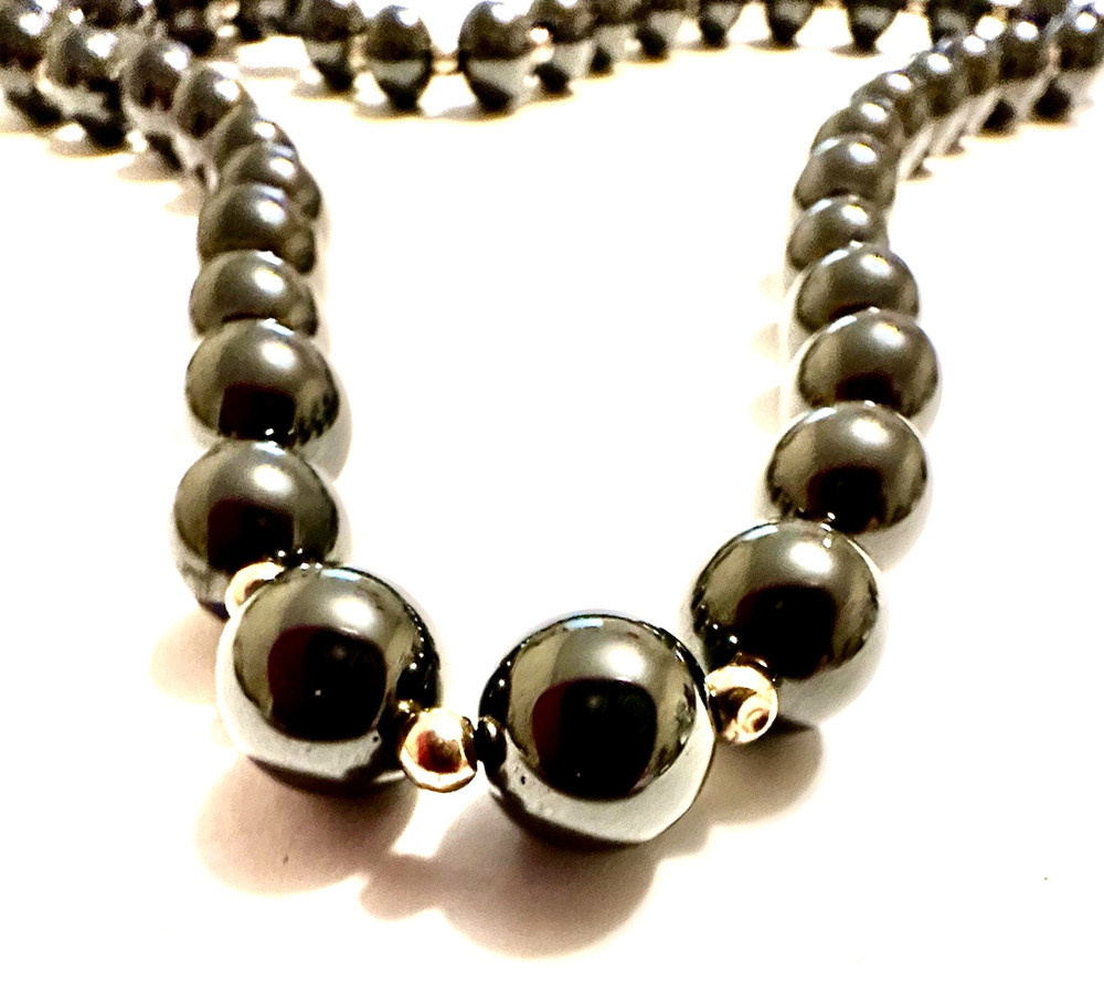 SIGNED 14K GF Clasp Hematite Bead Necklace 25″ Vintage Gold Tone Spacer Beads