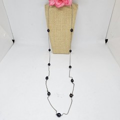 925 Sterling Silver Black Peacock Pearl Beaded Station Chain Necklace 40″ Long
