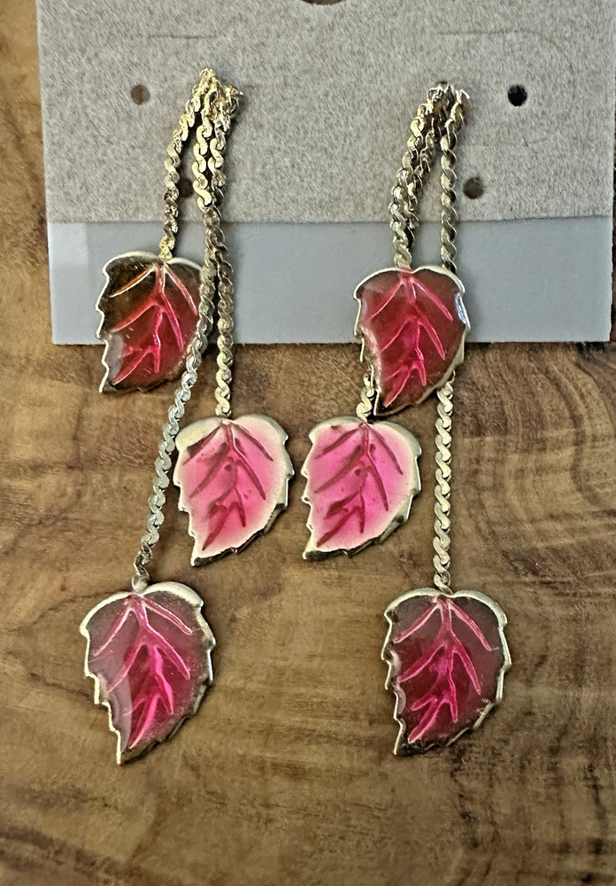 Vintage Leaf Dangle Earrings Gold Tone Triple Chain Red Pink Enameled Fashion
