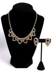 Vintage Multicolor Rhinestone Climber Clip On Earrings & Choker Necklace Set