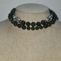 Green Nephrite Jade Beaded Necklace Floral Cloisonne Enamel Accents 26in