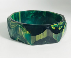 Vintage Blue Moon Bakelite Bangle Geometric Faceted Hexagon Marbled Green Rare