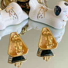 Vintage Ciner Asymmetrical Gold Plated Black Enamel Crystal Clip-On Earrings