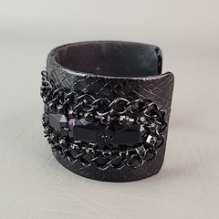 Cuff Bracelet Wide Black Faux Leather Chain Acrylic Beads 7″