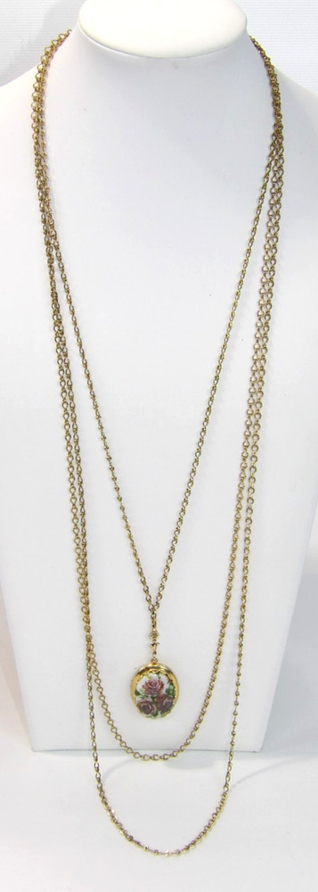 Vintage 1928 Porcelain Floral Photo Locket Pendant Goldtone 3 Strand Chain 35″
