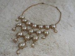 Goldtone White Bead Bib Scoop Necklace (B13)